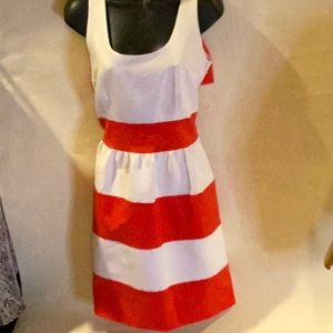 KIMIBILLA WOMENS orange coral white stripe big bow back dress Sz. 8